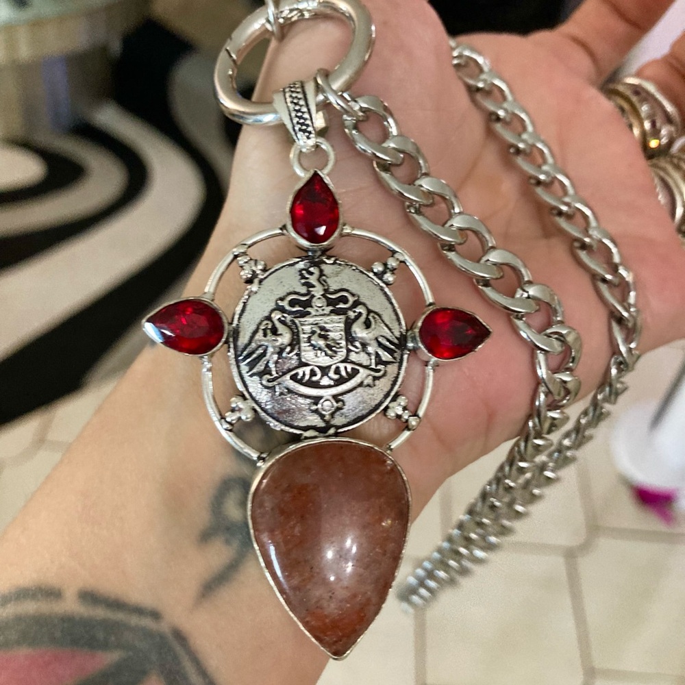 925 Sterling silver overlay orange brown agate & red garnet stones boho necklace - Picture 6 of 15